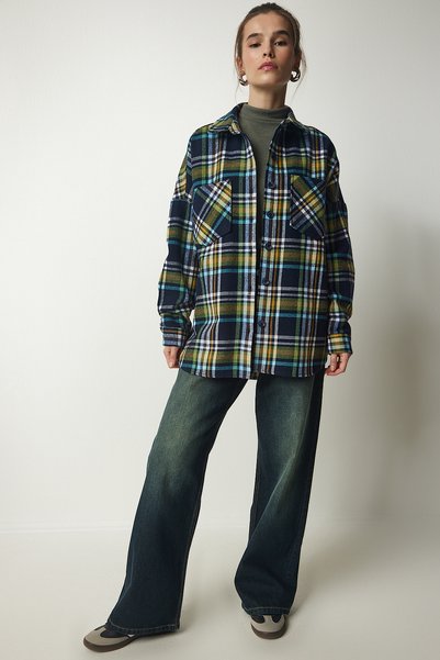 Women's Navy Blue Green Patterned Oversize Stamp Woodcutter Shirt TU00034