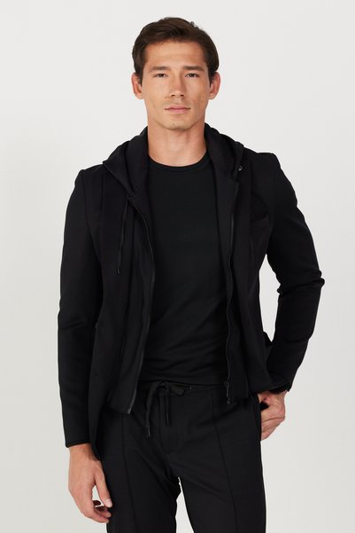 Men's Black Slim Fit Slim-Fit Mono Collar Cotton Patterned Blazer Jacket