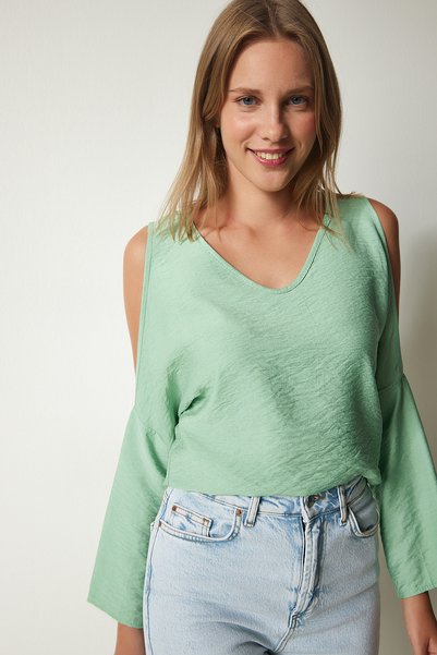 Women's Water Green Shoulder-Decollete Flowy Ayrobin Blouse to00080