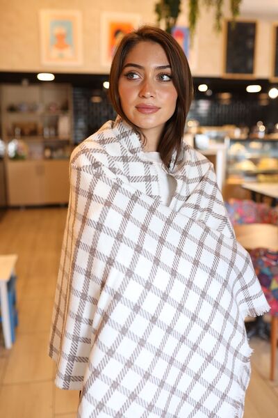 Square Patterned Scarf Shoulder Shawl 70X180 cm 1207 Ecru