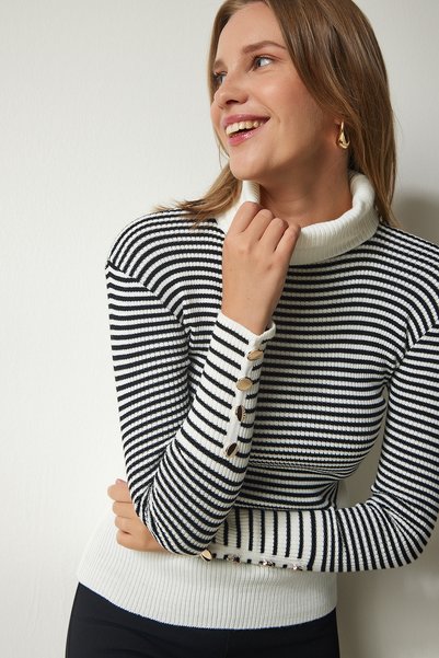 Women's Ecru Black Turtleneck Sleeve Button Knit Sweater DD01267