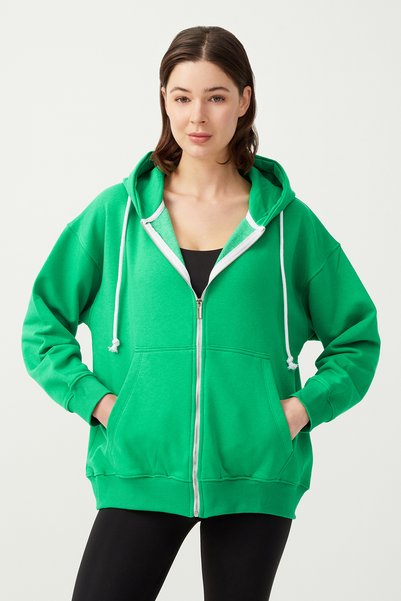 Women's Green White Hooded Oversize Ribbed Zippered Knitted Sweatshirt Zip-up