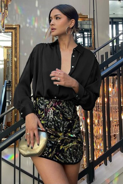 Black Basic Women's Satin Shirt Mg1326