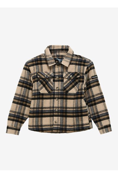 Beige - Navy Blue Boys' Oversize Plaid Shirt D3Wb-Gml1