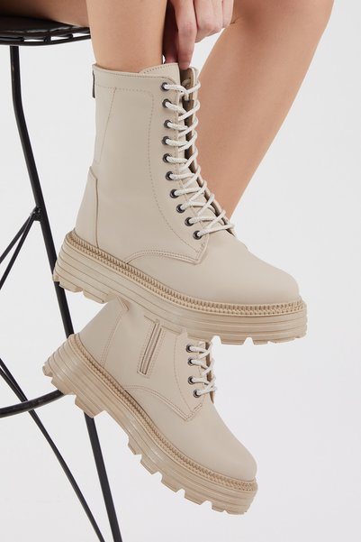 Women's Cream Skin Poly Sole Back Zipper Detailed Comfortable Fit Lace up Boots