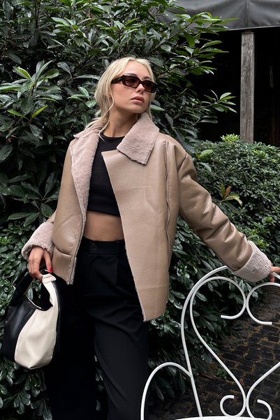 Women's Mink Double Breasted Collar Fur Lined Zipper Soft Faux Leather Coat ALC-X11150