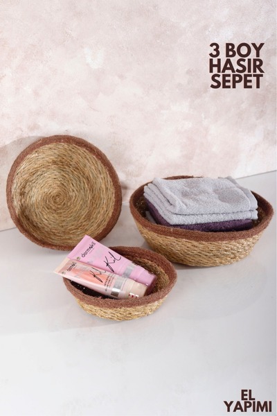 3 Size Natural Wicker Basket Organizer - Bathroom and Brown Stripe