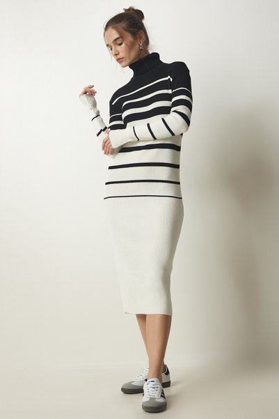 Women's Black Ecru Turtleneck Striped Corduroy Knitwear Dress DD01264
