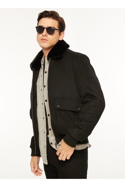 Black Men's Coat with Fur Detail Fc3Wm-Mnt300