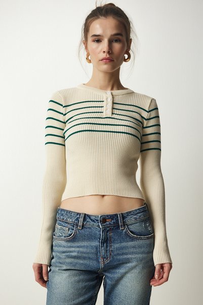 Women's Cream Green Button Collar Ribbed Crop Knitwear Blouse NF00077