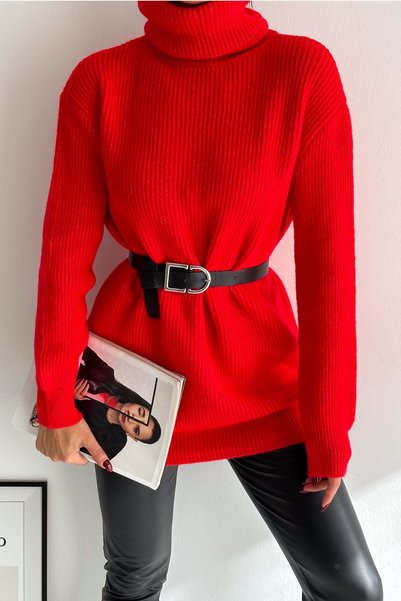Women's Red Standard Size Turtleneck Fisherman Basic Loose Knitwear Tunic Sweater