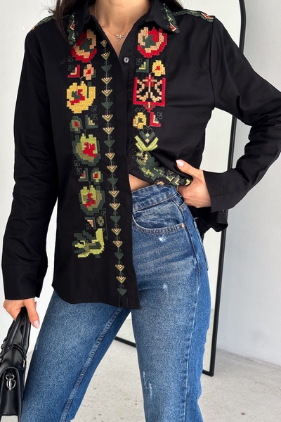 Women's Black Fully Embroidered Vintage Shirt