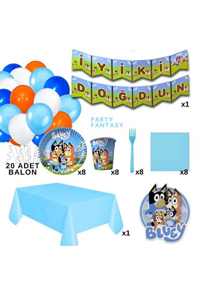 Bluey роденденски сет од 8 дела: балони, чинии, чаши, вилушки, салфетки, банер „Среќен роденден“ и чаршав