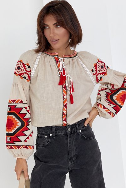 Beige Tasseled Geometric Embroidery Cotton Shirt