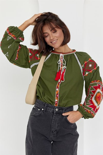 Geometric Embroidery Cotton Shirt with Green Tassels