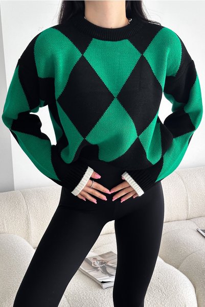 Women's Green Standard Size Diamond Pattern Knitwear Sweater