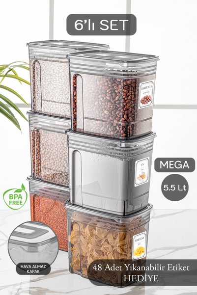 6-Piece Lena Jumbo Set - Flour and Pulses Candy Food Storage Container - Cabinet Pantry Organizer Box 6x5,5 Lt
