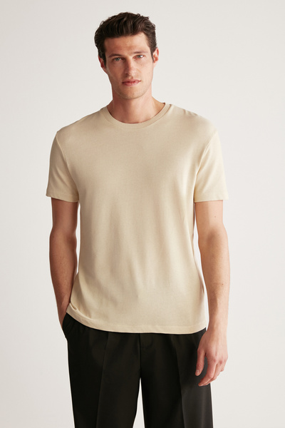 Jeremy Men's Slim Fit Knitwear Look Fabric Knitwear Collar Thick Textured Beige T-shirt