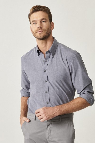 Men's Anthracite Button Collar Tailored Slim Fit Oxford Shirt