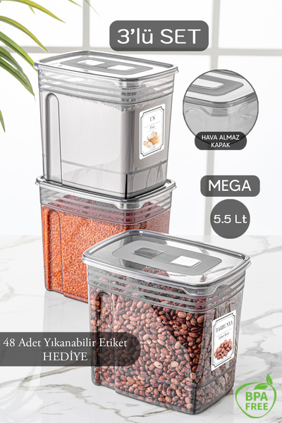 3 Pieces 5.5 Liter Mega Size Lena Food Container - Flour and Pulses Storage Container with Lid - Material Box