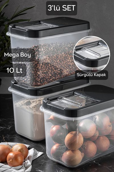 3-Piece 10 Lt Mega Size Kitchen Organizer Food Supply Flour Storage Container - Storage Box with Sliding Lid Anthracite
