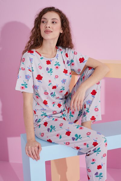 gray flower patterned Lycra Knitted Pajama Set