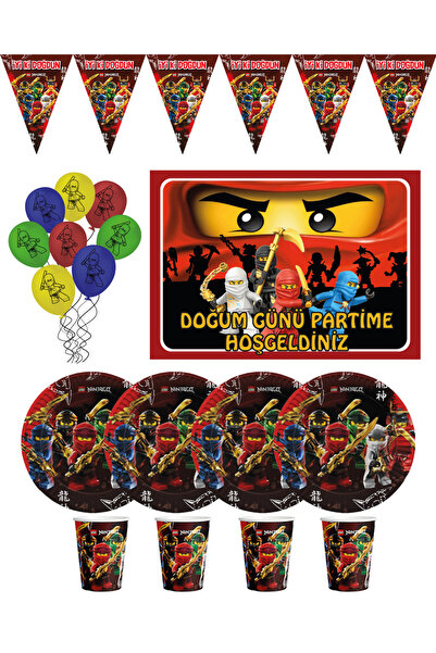 NinjaGo играчка за склопување сет за роденденска забава за 8 лица со банер и знаменца 35x50 cm
