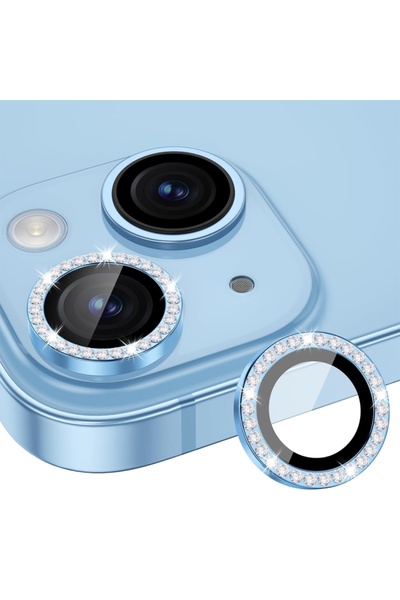 iPhone 15/14/Plus/16E/17E Shiny Stone Camera Protection Lens Protector Tempered Glass Blue