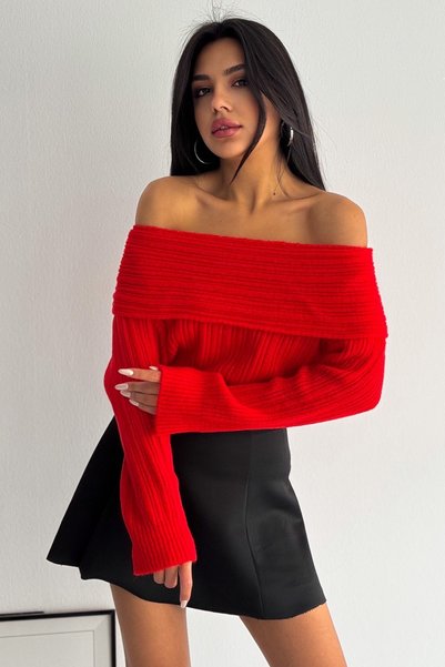 Women's Orange Ruffle Collar Ribbed Sweater
