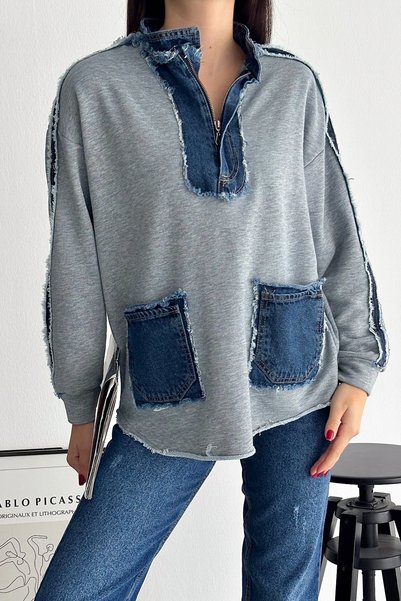 Women's Gray Zipper Pocket Denim Denim Detailed Sweatshirt