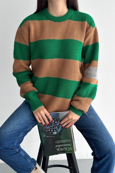Women's Standard Size Striped Sleeve Stone Embroidery Patterned Oversize Knitwear Sweater