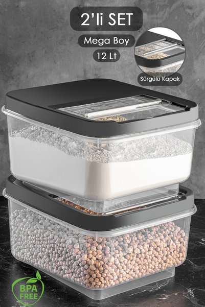 2-Piece Mega Size 12 Lt Sliding Lid Pulses Food Storage Container Flour Tea Sugar Storage Box Anthracite