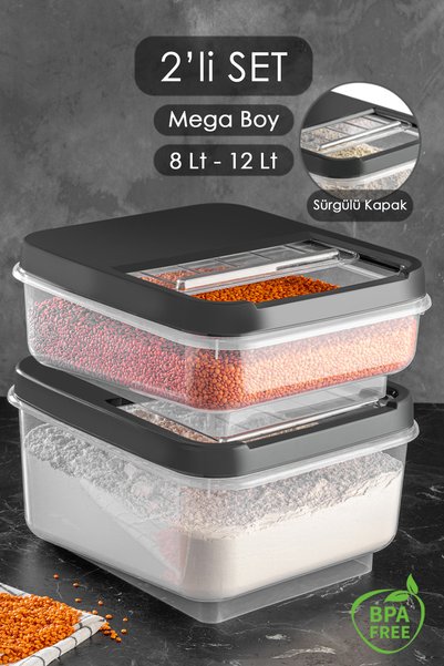 Set of 2 - Pulses Storage Container with Sliding Lid 8 Lt - 12 Lt Kitchen Organizer Box Flour Container Anthracite
