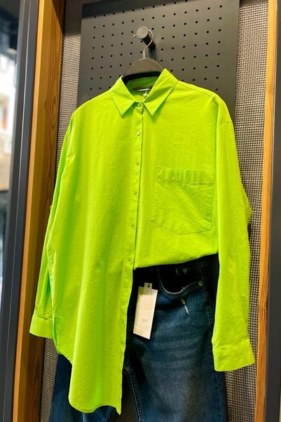 Women's Light Green Single Pocket Folding Sleeve Basic Oversize Wide Fit Cotton Shirt