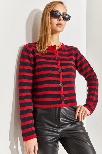 Women's Red Navy Blue Buttoned Striped Knitwear Cardigan Stk0010