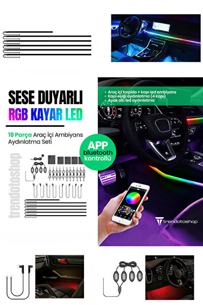 Амбиентални RGB LED ленти за во автомобил чувствителни на звук, со Bluetooth контрола преку апликација, 13 парчиња LED лента