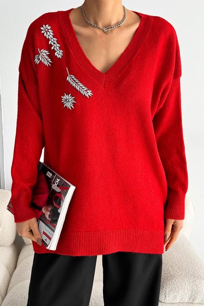 Women's Red Standard Size Stone Embroidered Knitwear Sweater