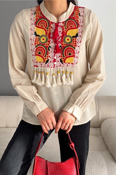 Women's Beige Embroidered Tassel Vintage Blouse