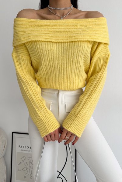 Women's Yellow Green Degaje Collar Ribbed Sweater