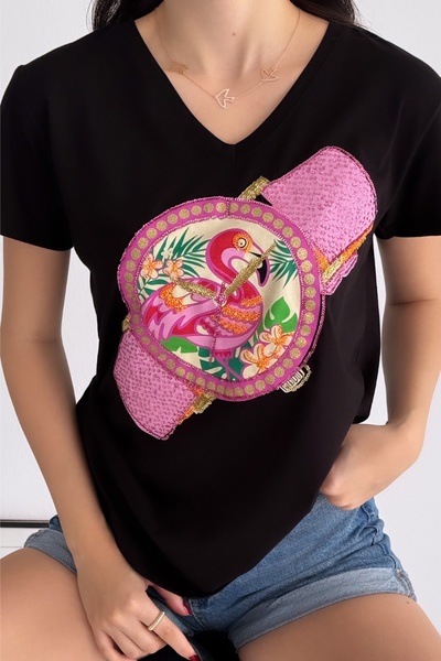Women's Black V-Neck Flamingo Clock Sequin Embroidered 100% Cotton T-Shirt