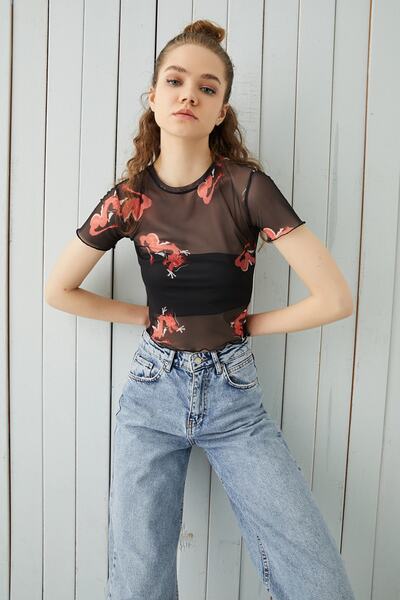 Women's Red Dragon Printed Black Tulle Blouse
