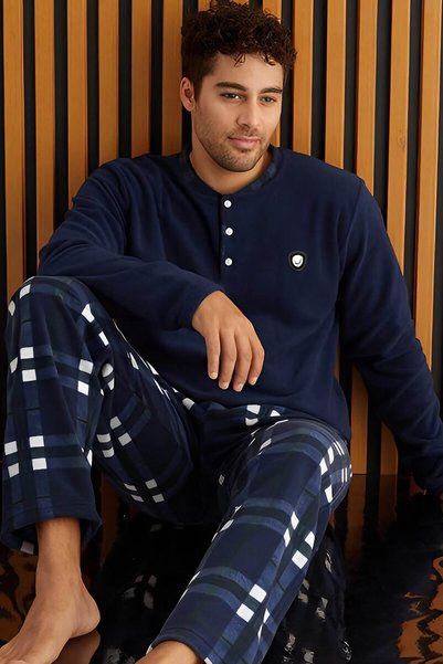 Navy Blue and White Plaid Patterned Fleece Men's Pajama Set