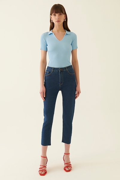 Romets Regular Fit Ankle Length Mid Waist Navy Blue Color Women's Denim Trousers