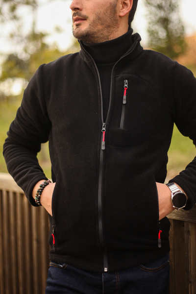 Champ машка црна флис јакна со целосен патент и 3 џеба дебела надворешна флис јакна тактички флис