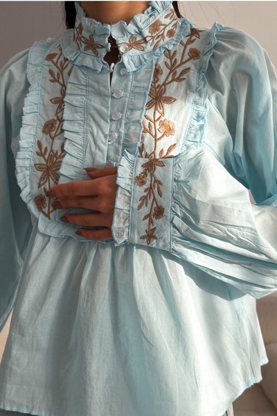 Women's Mock Neck Button Detail Embroidered Blouse