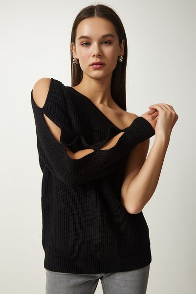 Women's Black Window Detailed Single Sleeve Knitwear Sweater PF00059