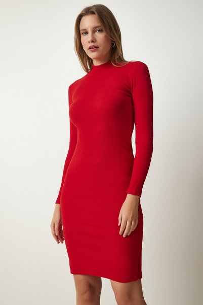 Women's Red High Collar Corduroy Lycra Knitted Dress GT00060