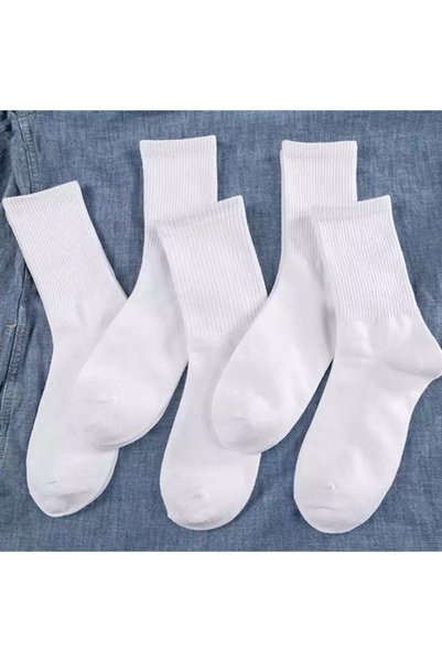 Unisex White College Plain Patternless Socks 6 Pieces