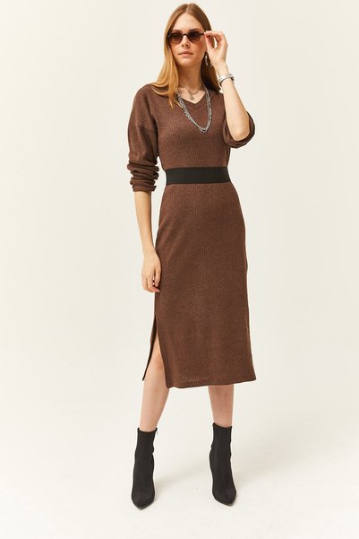 Women's Brown V-Case Side Slit Thick Corded Dress ELB-19002027