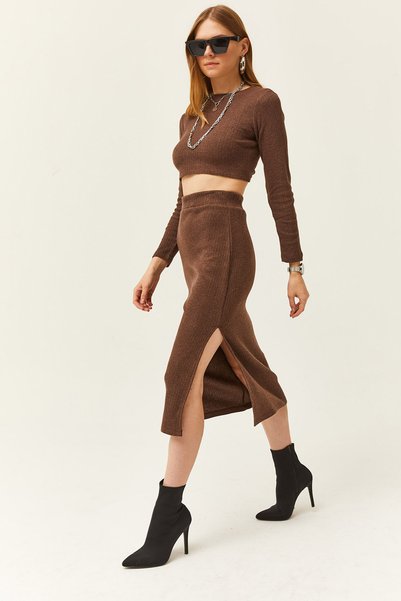 Women's Brown Slit Skirt Thick Ribbed Raised Set TKM-19000252